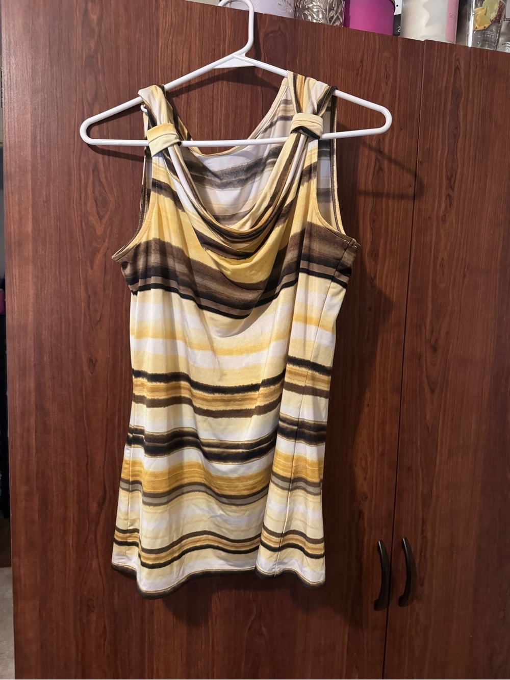 Striped Yellow and Brown Sleeveless Cowl Neck Top